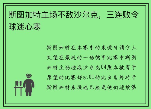 斯图加特主场不敌沙尔克，三连败令球迷心寒